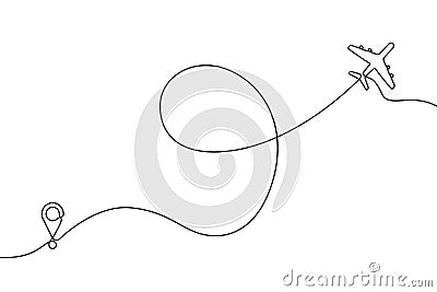 Continuous one line drawing of airplane path. One single line air plane route with a start point and and trace. Vector Vector Illustration